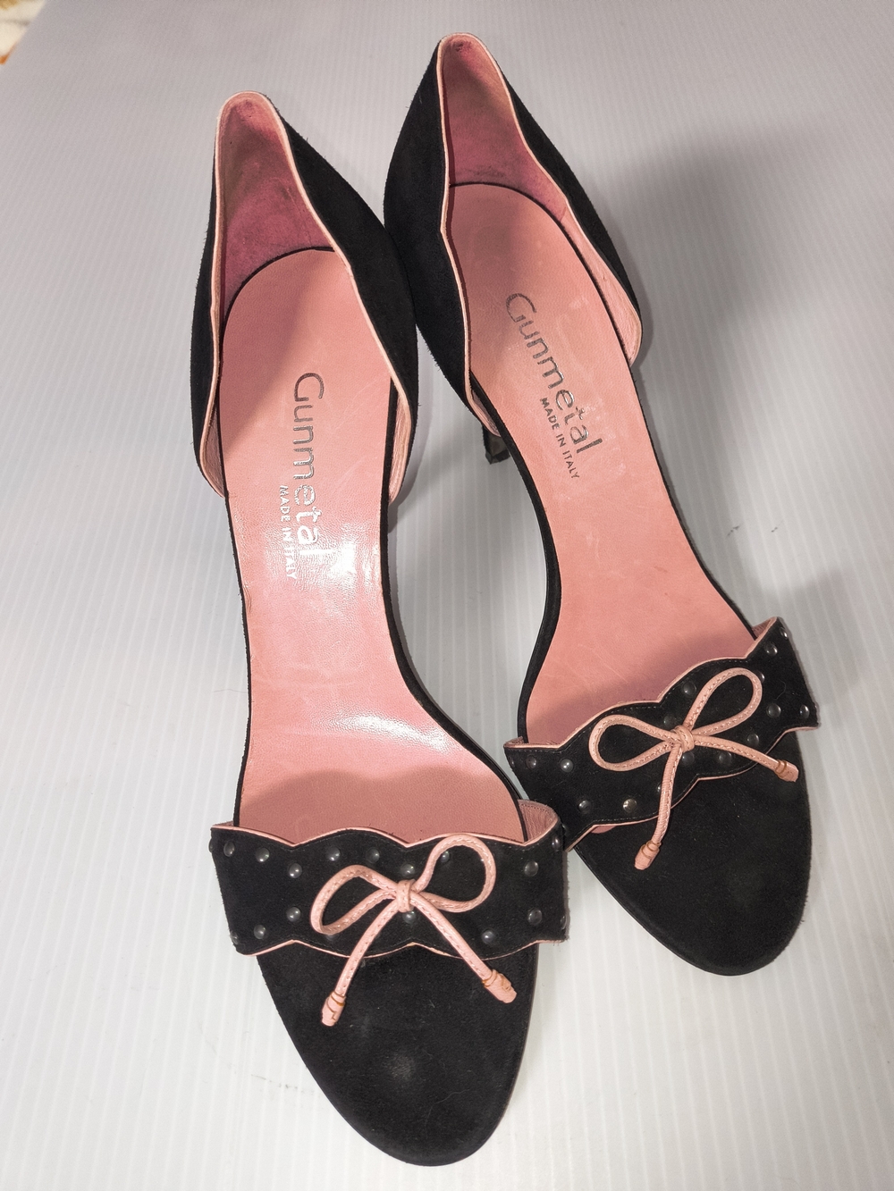 Gunmetal Italy Black Suede Pink Leather Studded Bow d’Orsay Pumps Heels EU 39